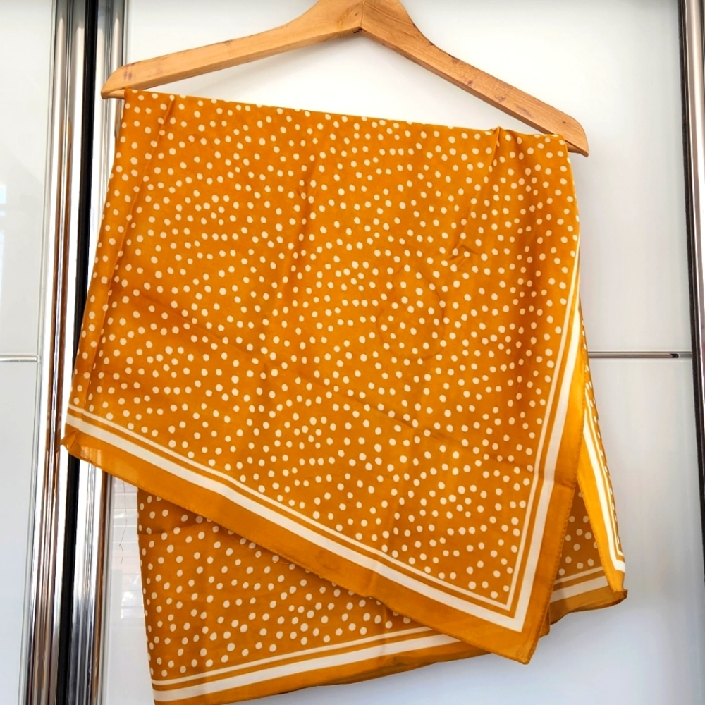 Vintage Cleobella gold scarf with cream polka-dots, versatile. Classic